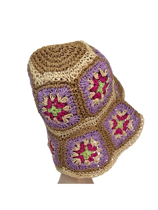 Vintage‎ Crochet Straw Bucket Hat Granny Square Pastel Boho 1990s